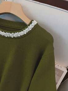 GlowEve CURVE Plus Size Elegant Pearl Embellished Crew Neck Long Sleeve Sweater - Olive Green - View 4