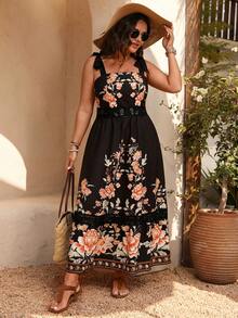 Breezaya 大码梭织印花优雅夏季度假连衣裙 - 黑色 - 查看 6