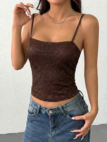 SHEIN EZwear 女士休闲棕色蕾丝修身吊带背心，夏季 - 棕色 - 查看 4