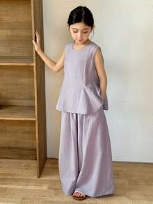 DAZY Tween Girls Round Neck Sleeveless Shirt And Wide Leg Pants Set, Fall Outfit - Purple - View 5
