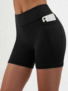 Black Athletic Shorts For Tween Girls, Featuring A Creative Paneled Construction With Functional Side Pockets, Made From High-Stretch Comfortable Fabric For Unrestricted Movement, Ideal For Cycling, Jogging, Yoga Sessions, And Versatile Training Activities - Black - View 3