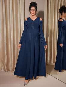 Momance Maternity Raglan Sleeve Button Front Rib-Knit A-Line Midi Dress, Spring/Autumn - Royal Blue - View 3