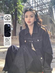 DAZY 女士休闲水洗牛仔衬衫和牛仔裤套装