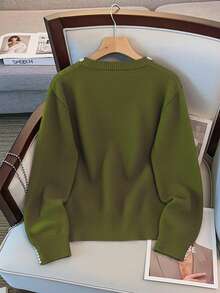 GlowEve CURVE Plus Size Elegant Pearl Embellished Crew Neck Long Sleeve Sweater - Olive Green - View 2
