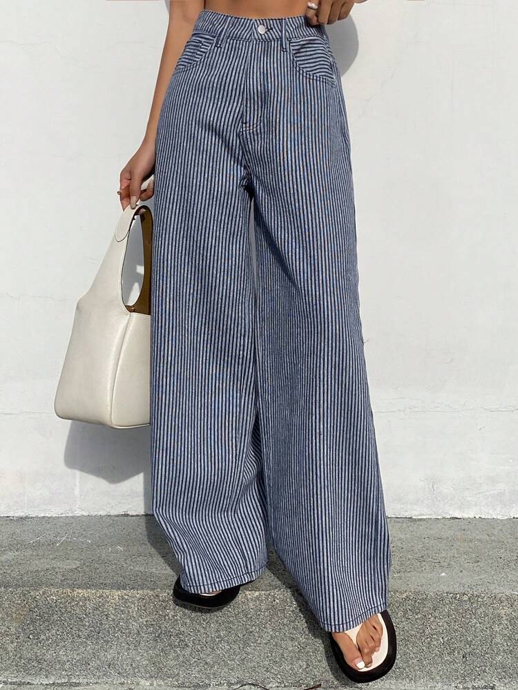 Women's Pocket Button Striped Casual Versatile Daily Wear Jeans