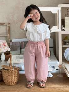 DAZY Toddler Girls' Korean Style Ruffle Trim Casual Puff Sleeve Solid Color Blouse - White - View 4