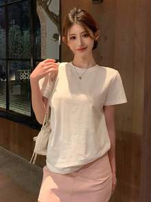 DAZY 女士圆领蝴蝶结系带韩版优雅镂空吊带短袖T恤 夏季 - 白色 - 查看 3
