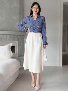 DAZY Women's Elegant Striped Collared Shirt, Autumn - Blue - View 4