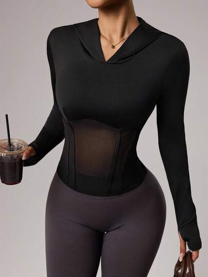 Dewbera 休闲百搭黑色网眼拼接长袖连帽修身拇指孔运动卫衣