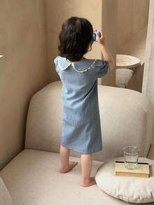 DAZY Baby Girl Summer Plaid Print Peter Pan Collar Contrast Lace Puff Sleeve Loose Nightgown - Blue - View 2