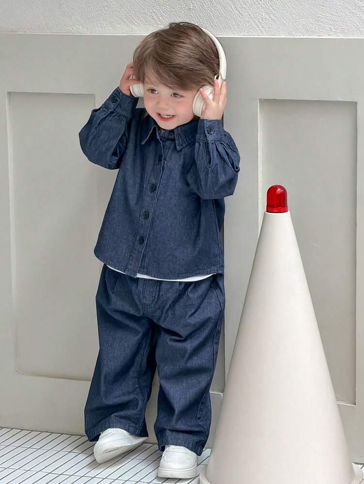 Toddler Boys' Retro Casual Washed Denim Shirt Collar