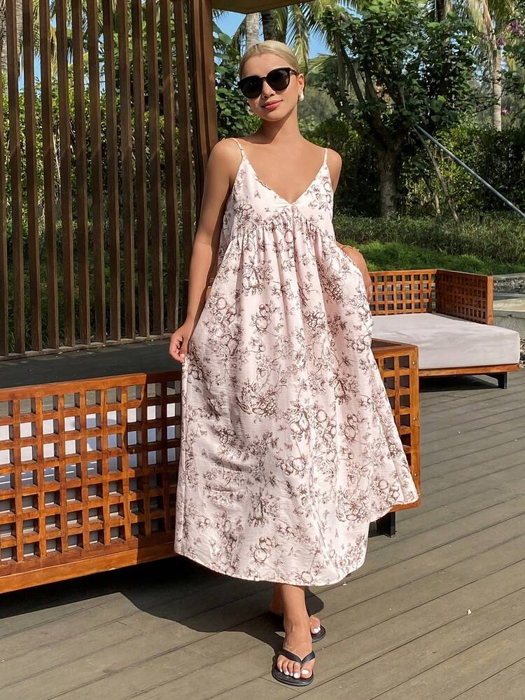 Vacation Style Line Drawing Plant Print Sleeveless A-Line Long Women Nightgown