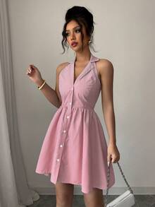 Elenzga Women's Summer Casual Front Button Halter Backless Striped Mini Dress - Red - View 5