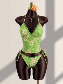 Zestiva Women's Summer Vacation Casual Beachwear Tropical Floral Print Strapless Strapless Vest Tank Top Bikini Lace Trim Two Pieces Swimwear Set - Green - View 1