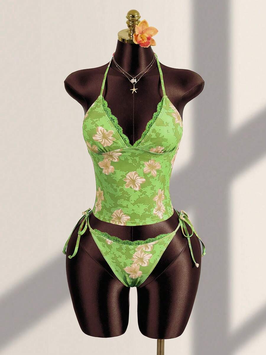 Zestiva Women's Summer Vacation Casual Beachwear Tropical Floral Print Strapless Strapless Vest Tank Top Bikini Lace Trim Two Pieces Swimwear Set - Green - View 1