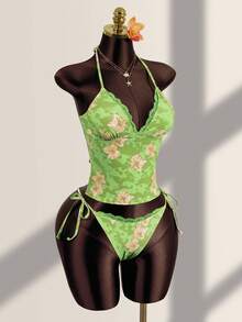 Zestiva Women's Summer Vacation Casual Beachwear Tropical Floral Print Strapless Strapless Vest Tank Top Bikini Lace Trim Two Pieces Swimwear Set - Green - View 4