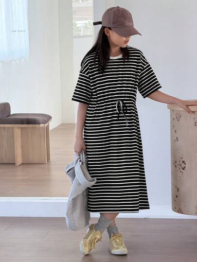 DAZY 少女夏季休闲舒适条纹抽绳腰短袖睡裙