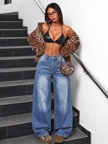 SHEIN PETITE Women's Casual Commuting Washed Wide-Leg Jeans - Light Wash - View 6