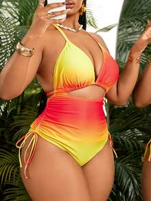 Slaydiva 2026新款加大码露背吊带渐变日落色深V侧边抽绳连体泳衣，适合海滩、度假村、水疗中心。橙色系彩色泳衣，沙滩装，连体泳衣，多色黄色吊带镂空连体泳衣，亮色连体泳衣，女士泳装，彩色泳衣，渐变色泳衣。 - 橘色 - 查看 5