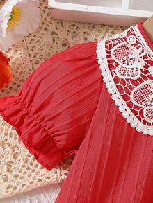女婴甜美蕾丝领装饰短袖A字连衣裙，适合外出、休闲穿着和派对，夏季 - 紅色 - 查看 8