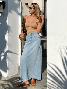 DAZY Women's Regular Waist Frayed Hem Long Casual Denim Skirt - Light Wash - View 3