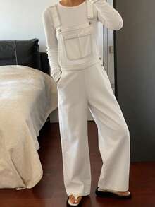 Livesso Peto vaquero de pierna ancha de unicolor y bolsillos para mujer - Blanco - Ver 5