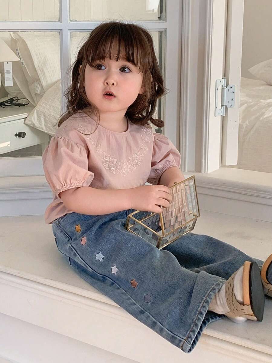 DAZY Toddler Girls' Korean Style Loose Washed Denim With Five-Pointed Star Embroidery - Blue - View 1