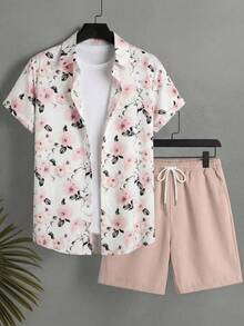 Solantero 男士印花 Polo 领单排扣短袖衬衫上衣搭配抽绳腰短裤，休闲度假沙滩装 - 彩色 - 查看 1