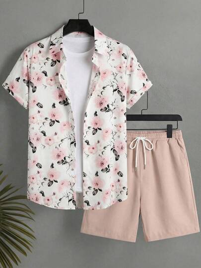 Solantero Camisa de manga corta con cuello polo y estampado floral de una sola hilera, y pantalones cortos con cordón en la cintura, conjunto casual de vacaciones para la playa para hombres