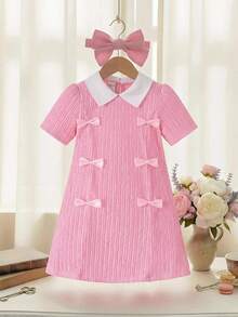 Đầm hồng đính nơ cổ cho bé gái, thích hợp mặc ngoài trời thanh lịch, giản dị, mùa xuân/hè - Hồng - Xem 9