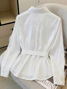 Resyla Women's Waist Cinched Shirt With Scarf Collar - White - View 2