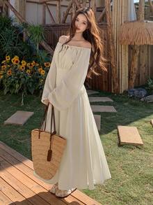 DAZY Conjunto de blusa de gasa con parches de encaje de estilo coreano y vestido casual de estilo coreano de largo medio - Beis - Ver 5