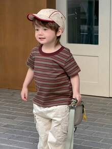 DAZY Toddler Boys' Round Neck Striped Korean Style T-Shirt, Spring/Summer - Coffee Brown - View 10