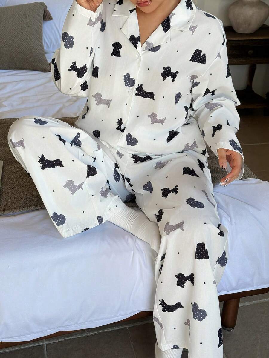 Dazy Plus 两件套卡通碎花宽松睡衣套装，包含长款上衣和长裤，春夏款 - 白色 - 查看 1