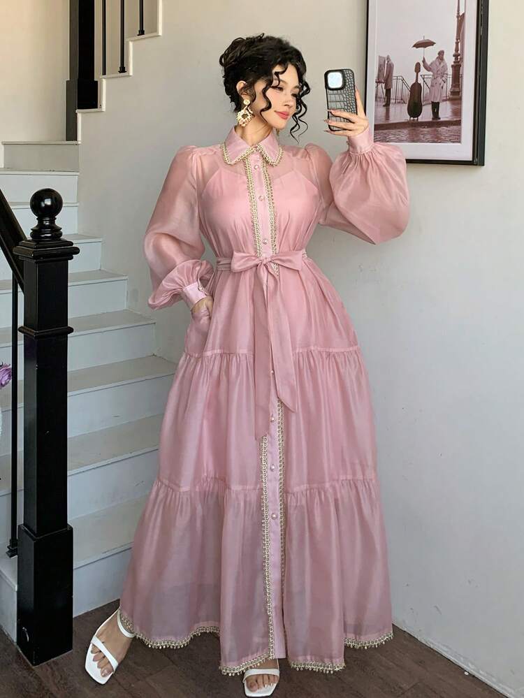 Women's Lace Patchwork Belted Maxi Slip Dress, Elegant Formal Gown Sundress