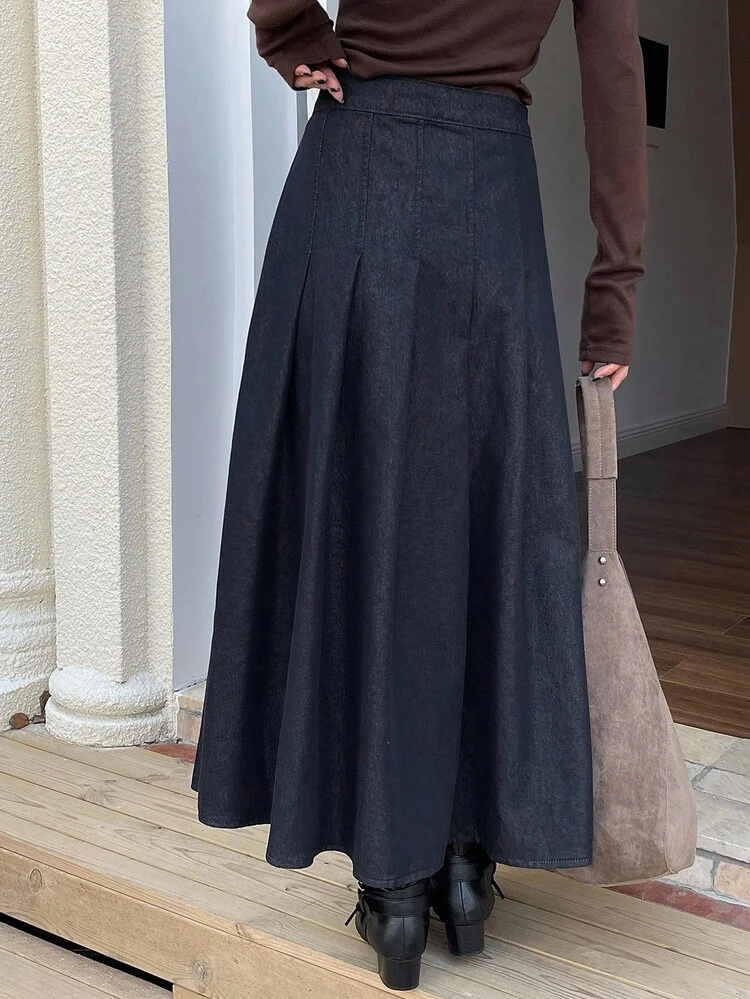 Tall Women's Pleated Long Casual Elegant Denim Skirt