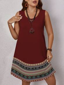 EMERY ROSE 几何印花波西米亚风大码女式休闲简约无袖圆领连衣裙，适合夏季度假 - 彩色 - 查看 4