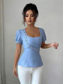 SHEIN Elenzya 不对称褶皱腰身珍珠装饰优雅浪漫女式衬衫 - 淺藍色 - 查看 3