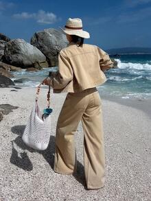 DAZY 女士休闲口袋夹克搭配阔腿牛仔裤套装，春季 - 杏色 - 查看 2