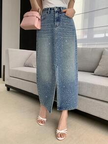 DAZY Women's Casual Rhinestone Embellished Straight Cut Slit Denim Skirt, Spring/Summer - Blue - View 4