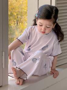 DAZY 2pcs Baby Girls' Cartoon Animal Print Long Sleeve Top And Pants Pajama Set - Beige - View 1