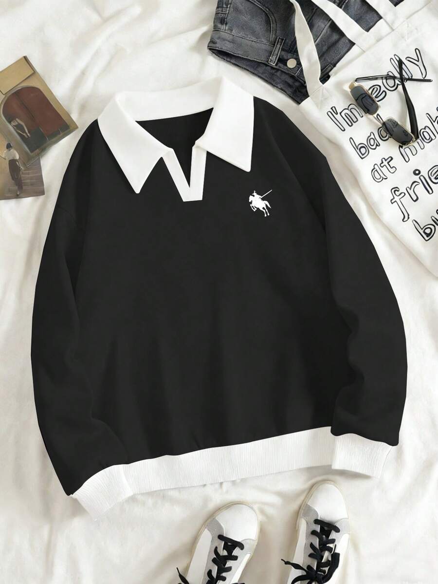 Glimmora 男士拼接彩色骑士图案休闲百搭长袖卫衣，适合秋冬季外出穿着 - 彩色 - 查看 1