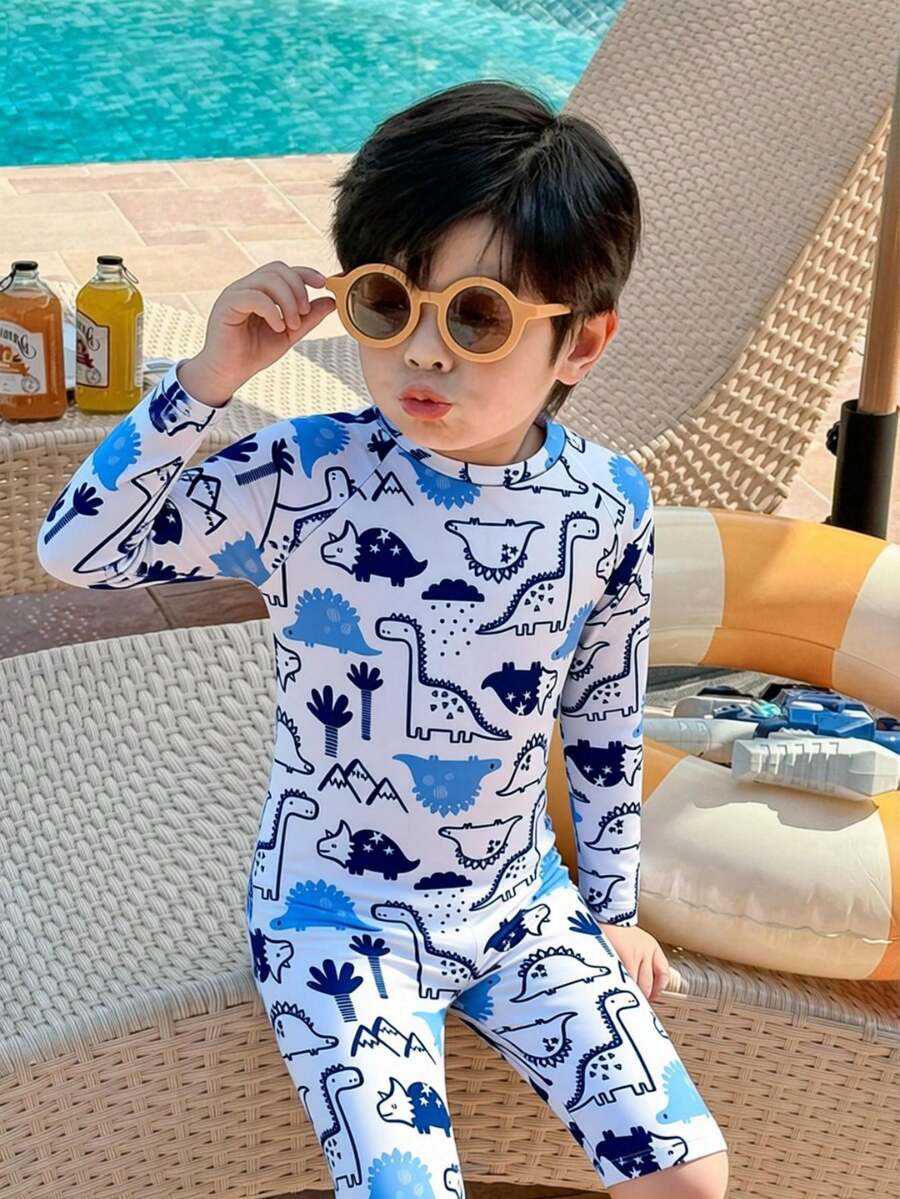 Young Boy Cute Dinosaur Print Raglan Sleeve Romper Swimsuit - Blue and White - View 1