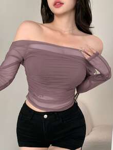 DAZY Women's Elastic Mesh Sheer Off-Shoulder Top, Spring/Summer - Mauve Purple - View 4