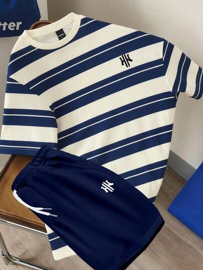 Manfinity Joysei 2 piezas Conjunto de camiseta de punto holgada casual y pantalón de chándal para hombre, adecuado para la escuela, salidas, deportes