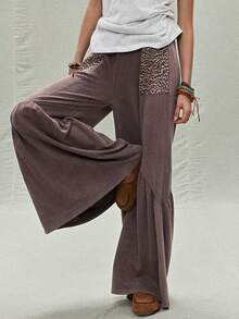 SoleilVie 女士做旧豹纹拼接喇叭裤 - 棕色 - 查看 4