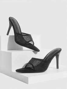 CUCCOO SZL Women Shoes Summer New Black Mesh Rhinestone Women's High-Heeled Sandals Fashion Gorgeous Sexy Party Women's Sandals Slippers - Black - View 1