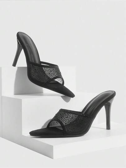 CUCCOO SZL Damskor Sommar Nya Svarta Mesh Strass Dam Högklackade Sandaler Mode Underbara Sexiga Festsandaler Dam Tofflor