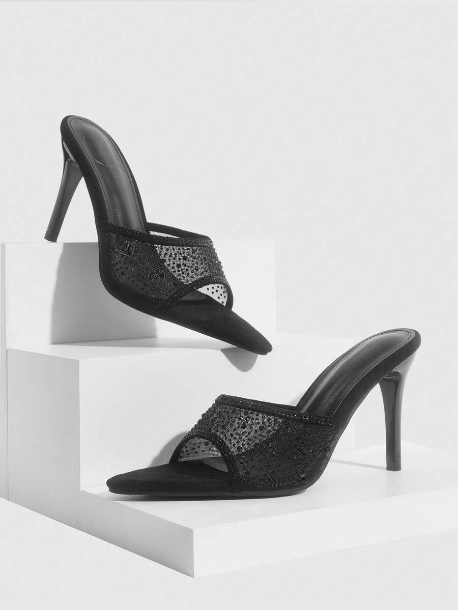 CUCCOO SZL Women Shoes Summer New Black Mesh Rhinestone Women's High-Heeled Sandals Fashion Gorgeous Sexy Party Women's Sandals Slippers - Black - View 1