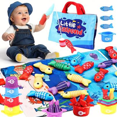 MINKOJA - SELECTS Little Fishpond Cloth Fishing Toy Set, Fish Game With Colorful Fish, Fishing Rods And Storage Bag, Fish Montessori Toys For Baby 1 Year Old To 3 Year, Fishing Sorting Toy 1 2 Year Kids With Stacking Cups,Easter,Easter Gift,Childen's Day,Baby Books, Baby Toys,Baby Sensory,Baby Toys,Baby Early Educational Toys & Baby Mirrors